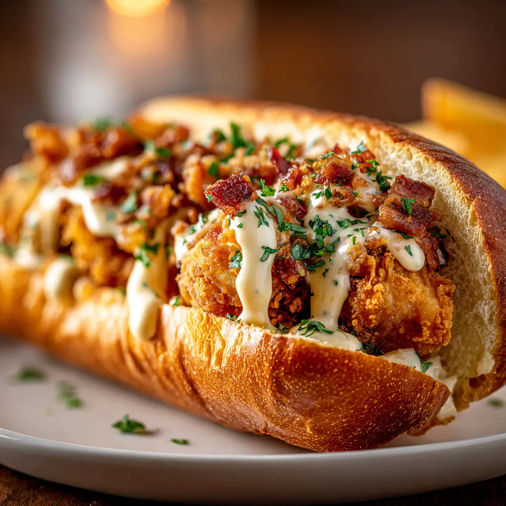 A freshly assembled Bird Dog Sandwich drizzled with tangy honey mustard sauce, ready to serve.