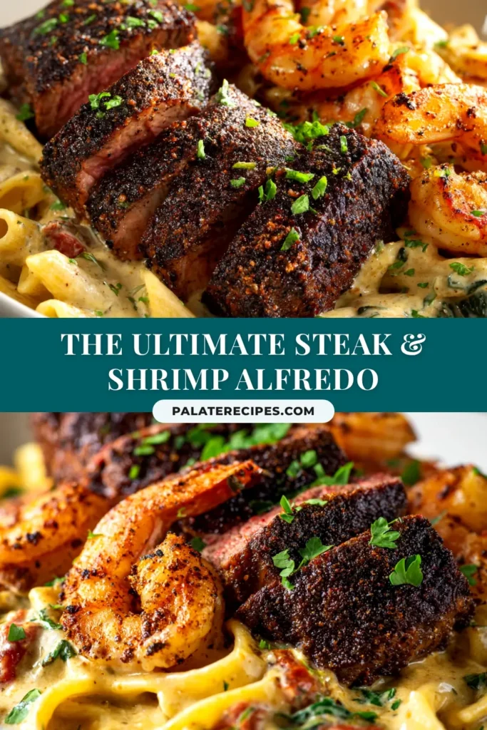 A top-down view of a white bowl filled with creamy Blackened Steak Shrimp Alfredo, garnished with fresh parsley.