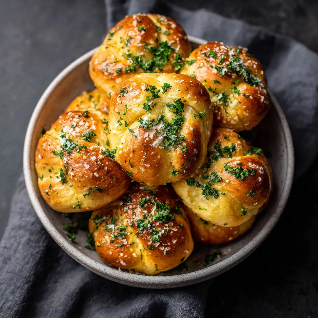 A side view of buttery garlic butter bread knots piled together, with visible flakes of parsley and Parmesan cheese.