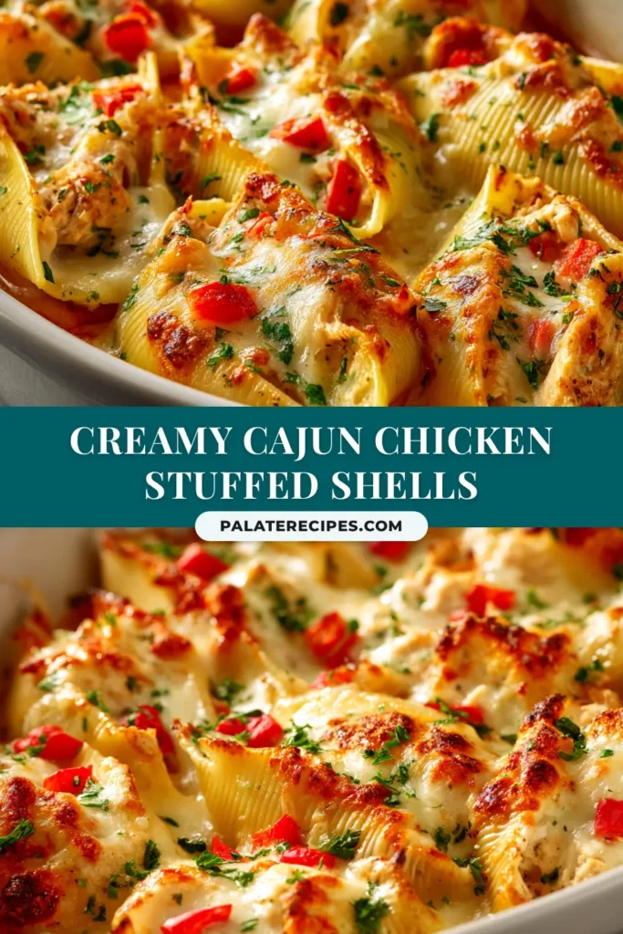 A top-down view of a white baking dish filled with creamy Cajun Chicken Stuffed Shells, garnished with fresh parsley. The sauce is bubbly and the cheese is golden brown.
