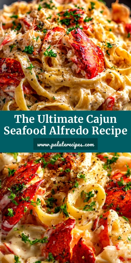 A top-down shot of creamy Cajun Seafood Alfredo in a white bowl, garnished with parsley. The pasta is filled with shrimp and scallops, showcasing a rich and spicy sauce.