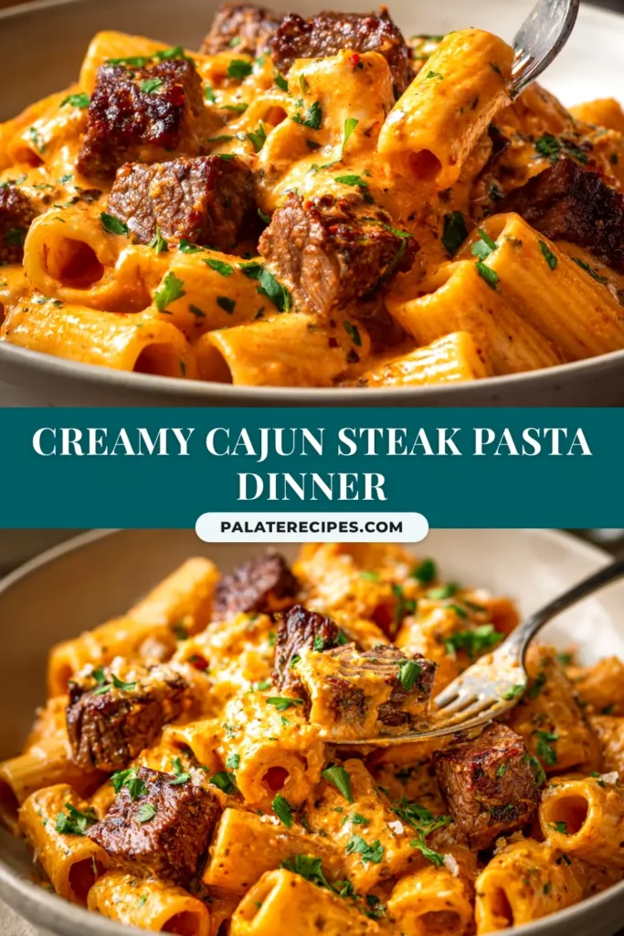 A close-up overhead shot of creamy Cajun Steak Pasta in a white bowl, garnished with fresh parsley. The perfect pin to save for a spicy and satisfying dinner recipe.