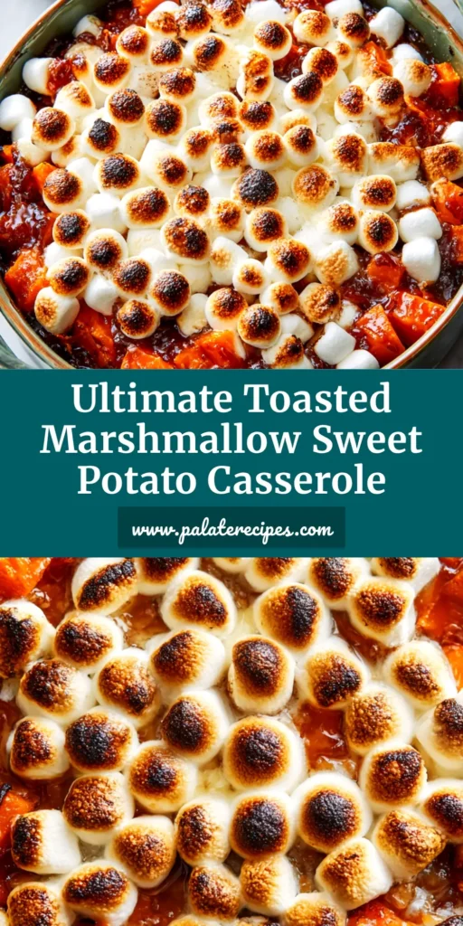 A delicious candied sweet potato casserole in a white baking dish, topped with a crunchy pecan streusel. The perfect holiday side dish.