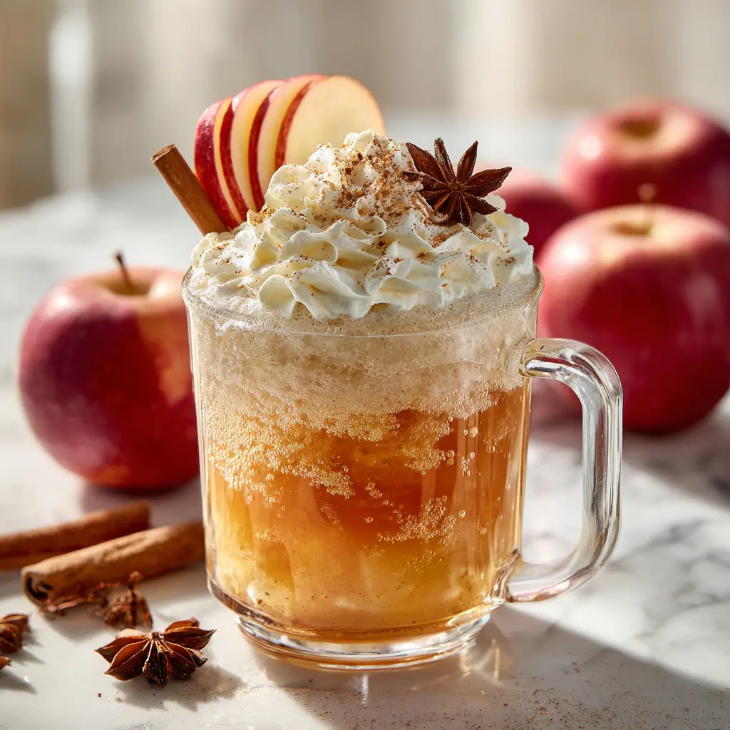 Apple Cider Float: The Perfect Cozy Fall Treat 2 A finished caramel apple cider float topped with whipped cream and a sprinkle of cinnamon, showcasing the perfect autumn beverage.