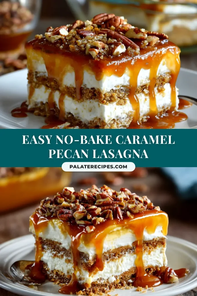 A top-down view of a delicious Caramel Pecan Lasagna in a glass baking dish, showing the distinct layers and topped with drizzled caramel and chopped pecans.