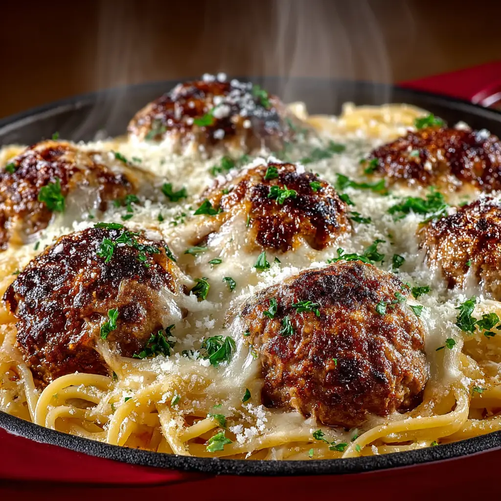 Baked Spaghetti and Meatballs (The Ultimate Comfort Casserole) 3 An extreme close-up of a fork lifting a bite of cheesy meatball spaghetti bake from a casserole dish, showing the texture of the sauce and pasta.