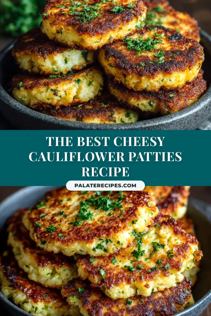 A stack of golden brown Cheesy Cauliflower Patties on a plate, garnished with fresh parsley and served with a side of creamy dipping sauce. The patties look crispy and delicious.