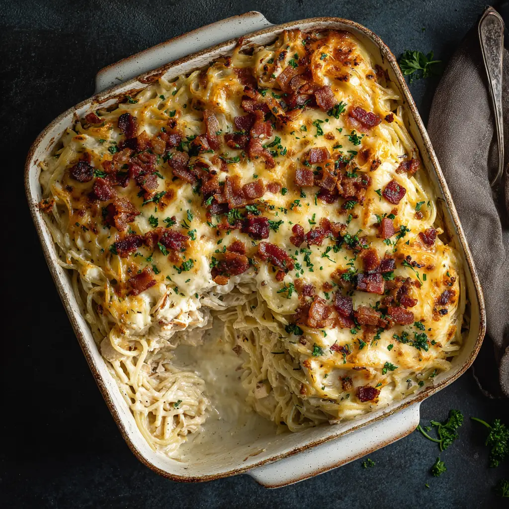 Chicken Spaghetti Bake: The Ultimate Cheesy & Creamy Recipe 3 A close-up overhead shot of the creamy baked chicken spaghetti in a casserole dish. Each strand of pasta is coated in a rich, cheesy sauce.