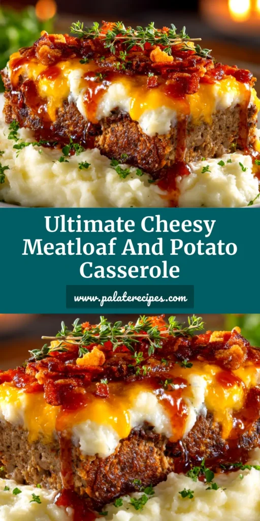 A delicious slice of cheesy meatloaf with mashed potatoes served on a white plate. The meatloaf has a rich glaze and a melted cheese topping.