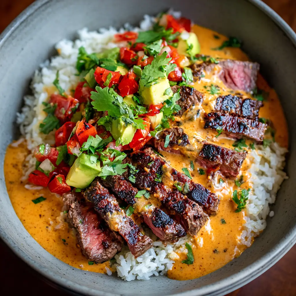 Another view of the steak and queso rice bowl, showing the creamy texture of the queso and the tender pieces of steak mixed with rice.