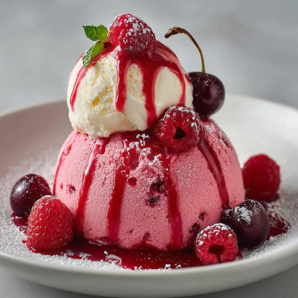 A loaf of freshly made Cherry Raspberry Semifreddo, showing the swirls of berry compote before being fully sliced and served.
