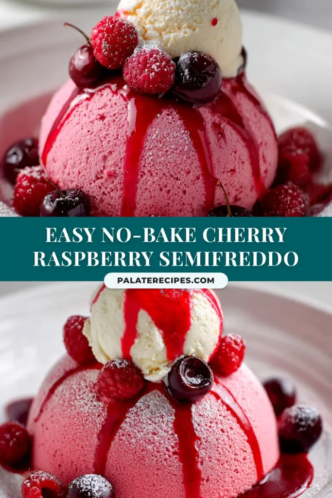 A beautiful slice of Cherry Raspberry Semifreddo on a white plate, showing the creamy texture and vibrant berry swirl. The perfect no-churn frozen dessert.