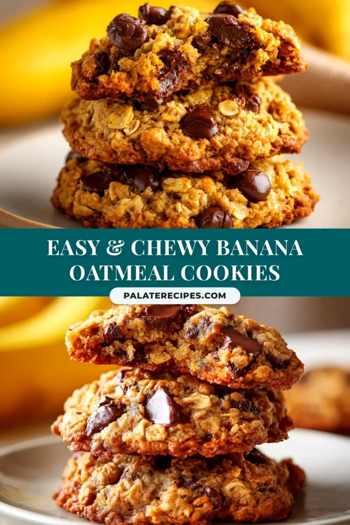 A stack of chewy banana oatmeal cookies on a wooden board. The perfect easy and healthy cookie recipe.