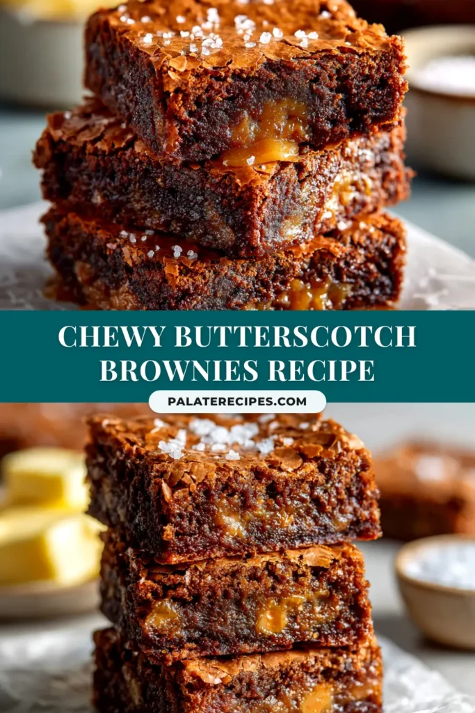 A stack of thick, chewy butterscotch brownies on a piece of parchment paper, showcasing their rich, golden-brown color and dense texture. The ultimate butterscotch brownies recipe.