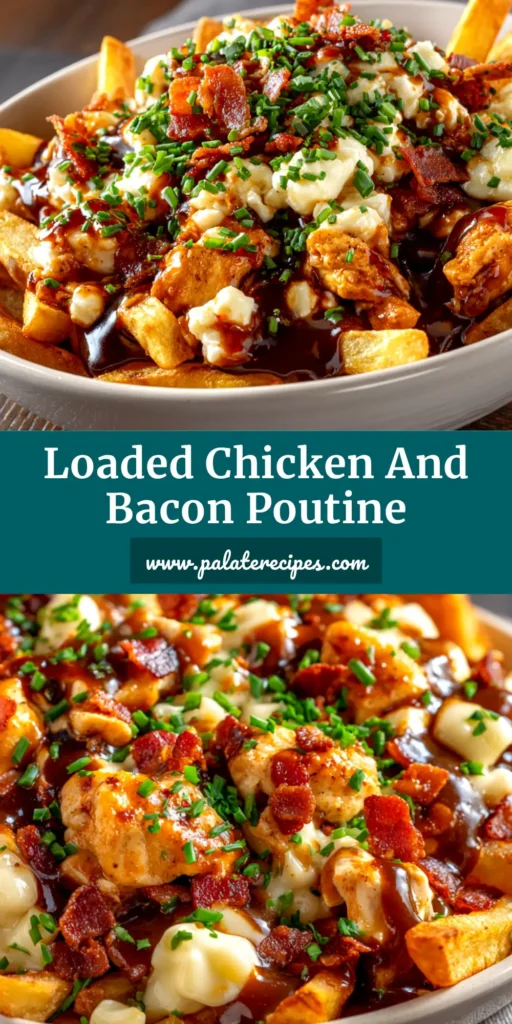 A delicious bowl of homemade Chicken and Cheese Poutine, perfect for sharing. The pin image shows crispy fries smothered in rich chicken gravy and melted cheese curds.