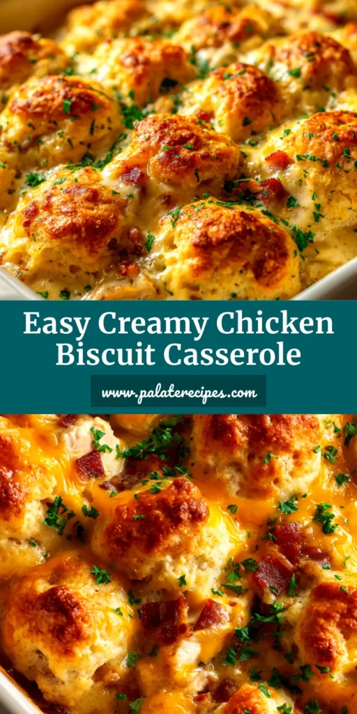 A delicious Chicken Biscuit Casserole in a white baking dish, showing a golden biscuit topping over a creamy chicken and vegetable filling. The perfect easy weeknight dinner recipe.