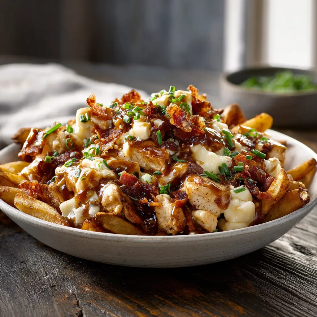 The final assembled Chicken and Cheese Poutine served in a rustic bowl, ready to be eaten. The gravy is poured over the cheese curds and fries.