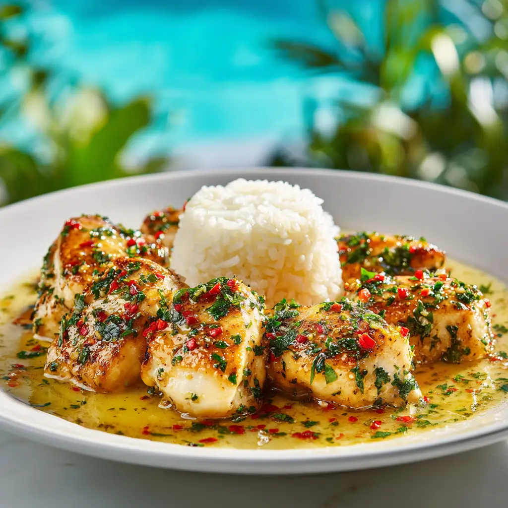 A detailed shot of the ingredients for chicken scampi with rice, including fresh chicken breast, garlic, lemon, and parsley laid out neatly on a wooden surface.