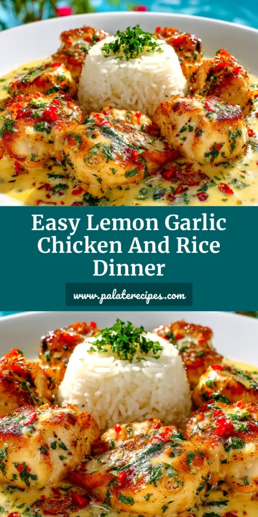 A top-down view of a skillet filled with delicious Chicken Scampi with Rice. Tender chicken pieces and fluffy rice are coated in a vibrant yellow lemon-garlic sauce, garnished with fresh green parsley.