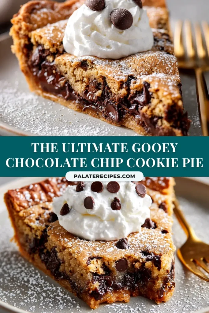 A delicious, gooey chocolate chip cookie pie baked in a cast iron skillet, with a slice taken out to show the melted chocolate chip center. The perfect easy dessert recipe.