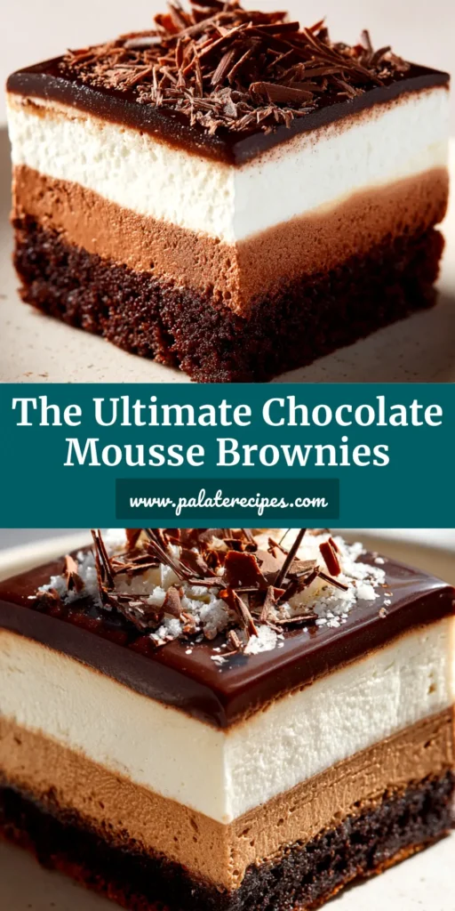 A stack of three perfect Chocolate Mousse Brownies on a white plate, showing the distinct layers of fudgy brownie, silky mousse, and glossy ganache.