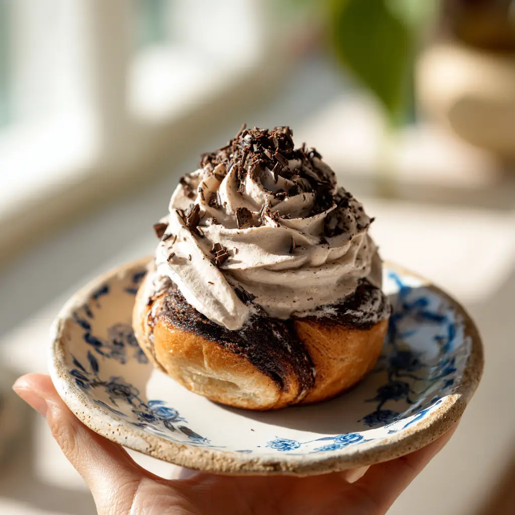 An overhead shot of a golden-brown brioche brownie roll, showing the beautiful contrast between the dough and the dark chocolate filling.