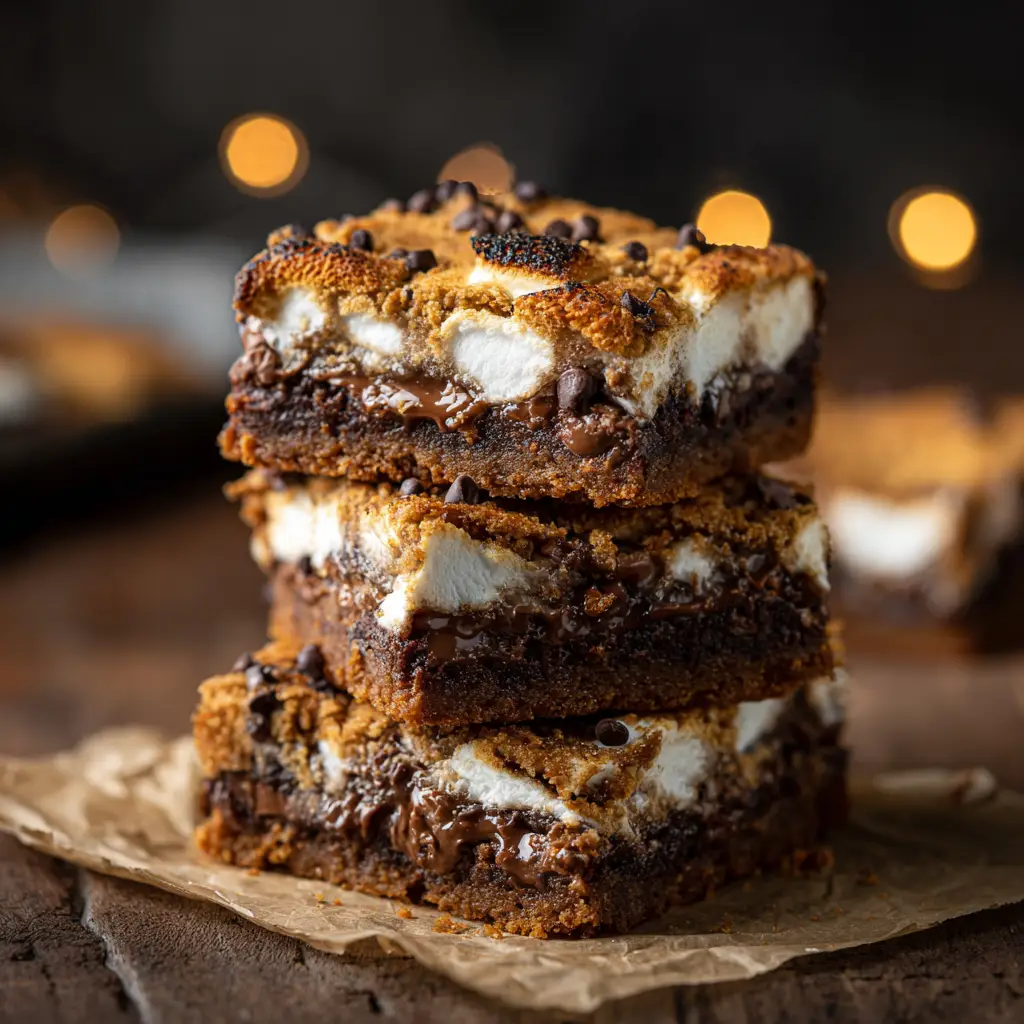 S'mores Gingerbread Cookie Bars: The Ultimate Holiday Treat 2 An overhead view of S'mores Gingerbread Cookie Bars cut into squares in a baking pan, ready to be served for a Christmas party.