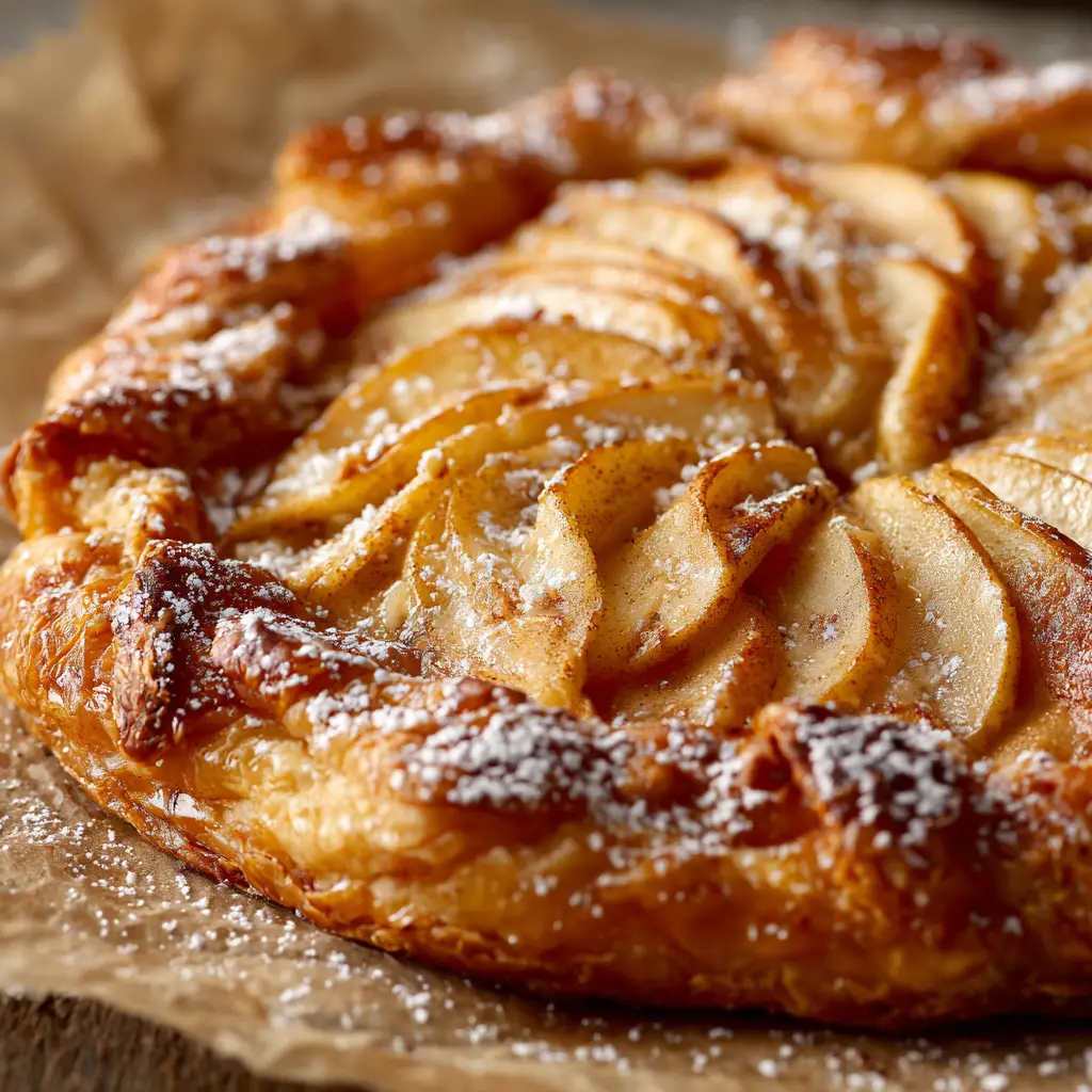 A slice of apple puff pastry being served, showcasing the warm and gooey cinnamon apple filling inside the flaky crust.