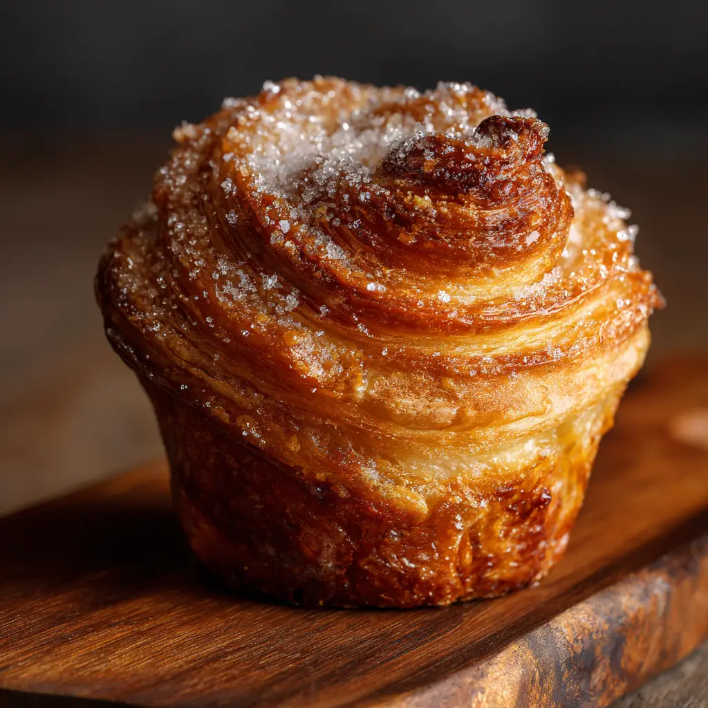 The inside of a cinnamon cruffin, revealing the soft, buttery, and flaky layers of the laminated dough.