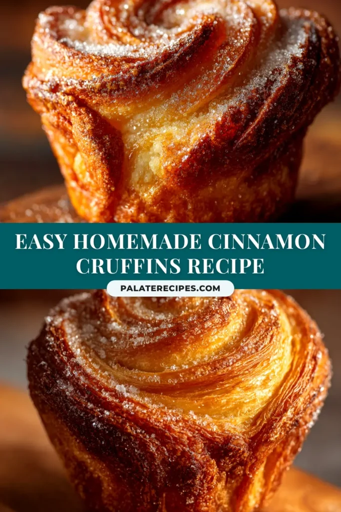 A delicious looking cinnamon cruffins recipe with flaky layers and a cinnamon sugar coating. The perfect breakfast pastry.