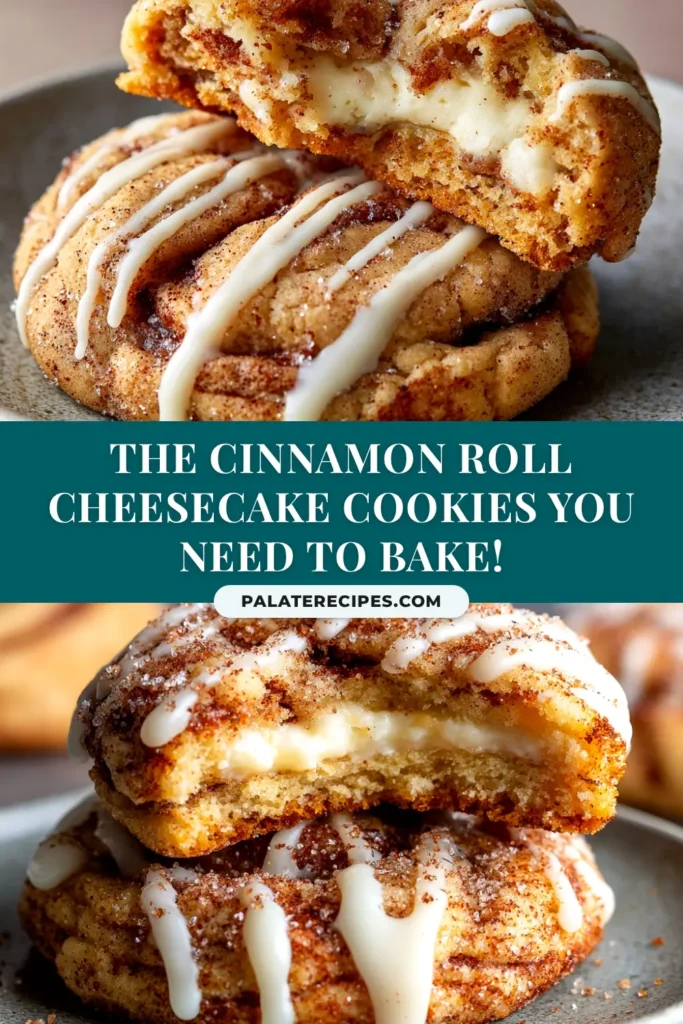 Cinnamon Roll Cheesecake Cookies: The Ultimate Dessert Mashup 4 A platter of delicious Cinnamon Roll Cheesecake Cookies, with one cookie broken in half to show the creamy cheesecake filling inside. Icing is drizzled over the top.