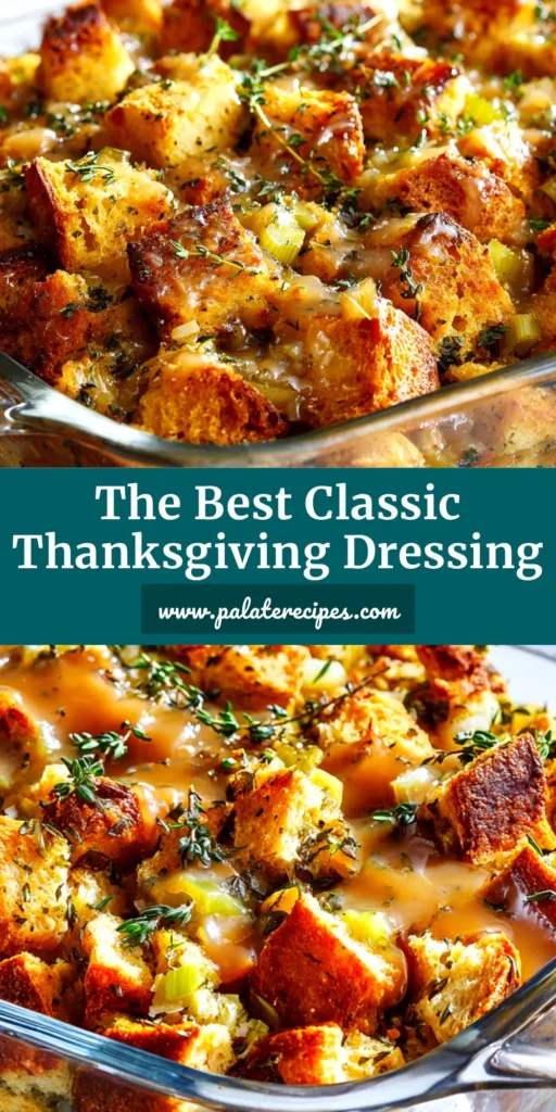 Thanksgiving Dressing Recipe (The Only One You'll Ever Need) 4 A classic Thanksgiving dressing recipe baked in a white casserole dish, showing a golden-brown crispy top and savory texture. Perfect for your holiday feast.