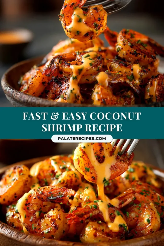 A close up shot of golden brown, crispy coconut shrimp piled on a plate with a side of sweet chili dipping sauce. The perfect coconut shrimp recipe.