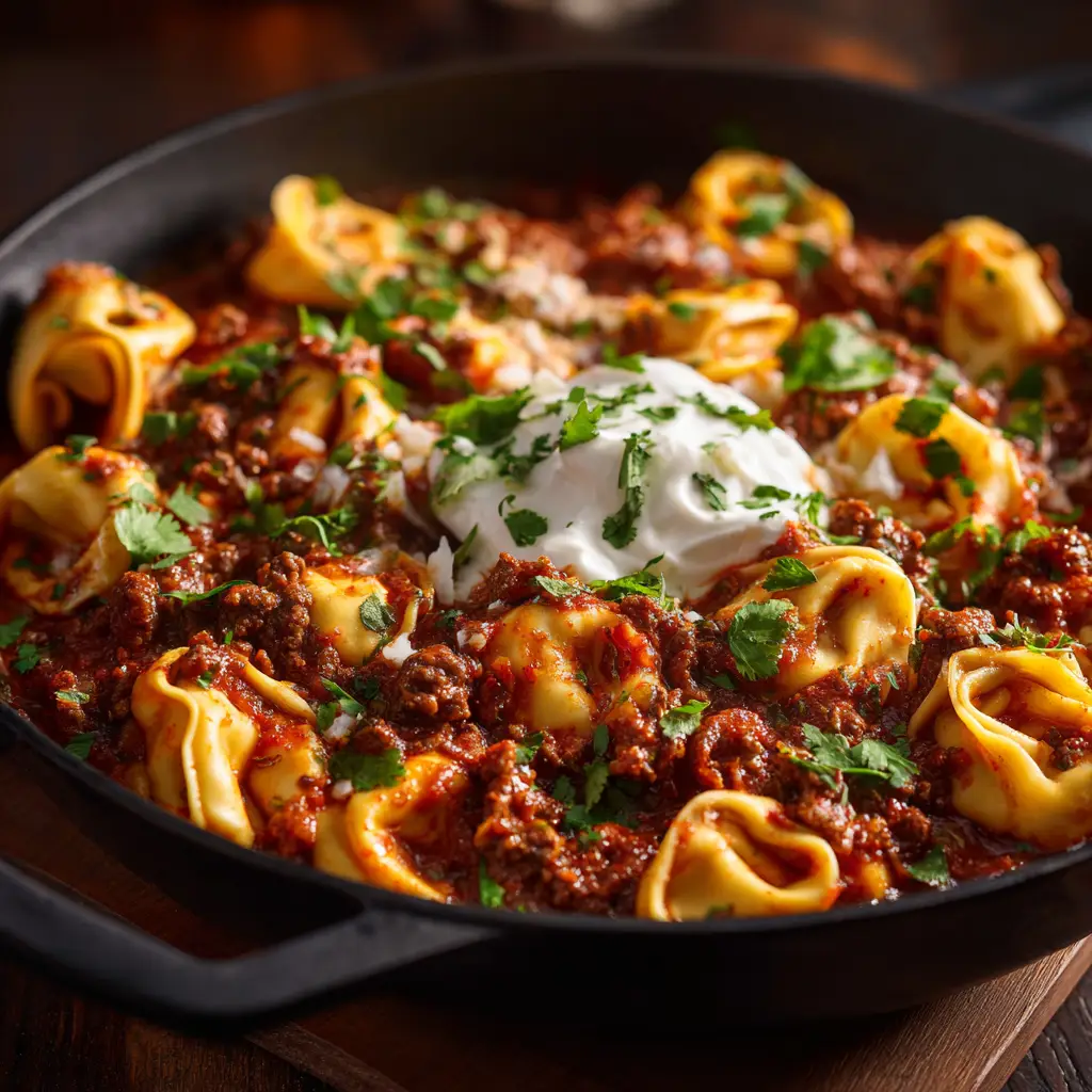 The beef enchilada tortellini simmering in a large skillet before the cheese is added, showing the sauce and tortellini mixed together.