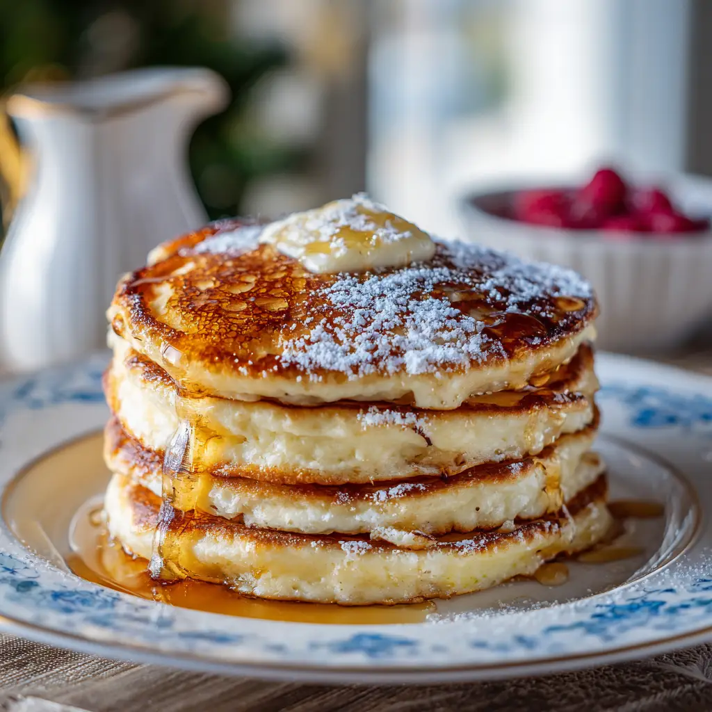A golden-brown vanilla cinnamon pancake cooking on a hot skillet, with bubbles forming on the surface indicating it's ready to flip.