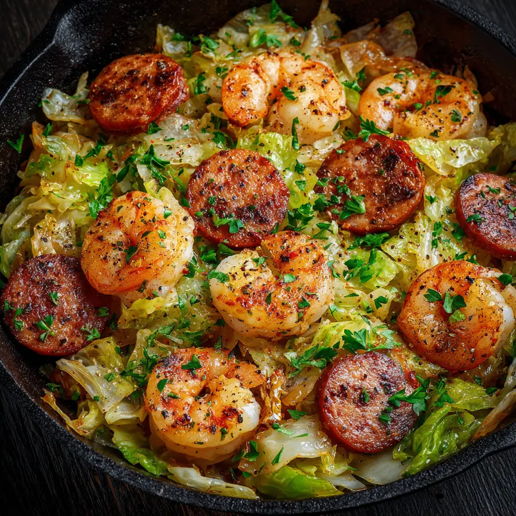 Step-by-step preparation of the fried cabbage recipe, showing the cabbage wilting in the pan with onions and garlic.