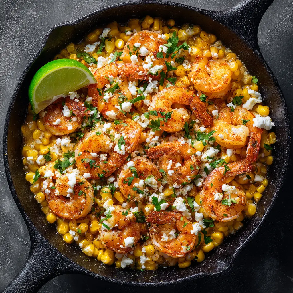 The shrimp and creamed corn simmering in a skillet, showcasing the cooking process before the final parsley garnish is added.