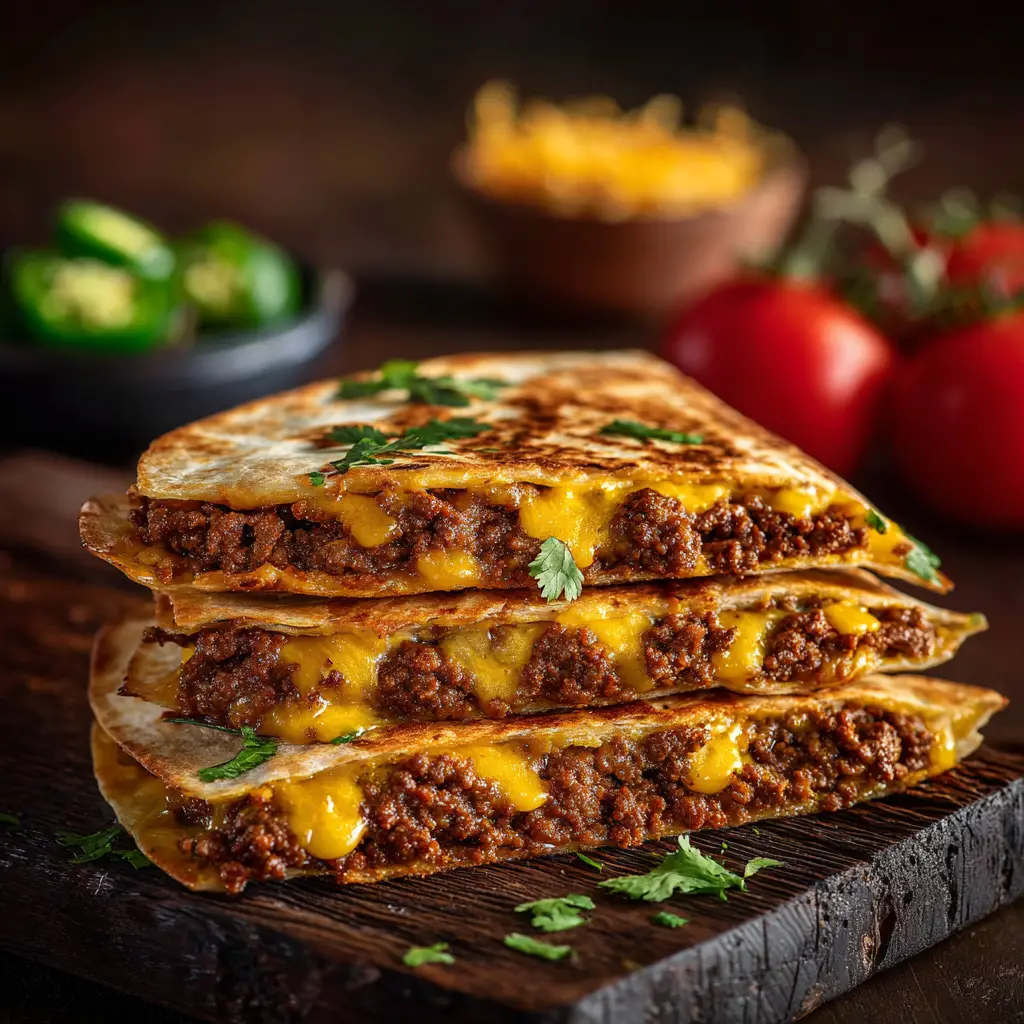 A close-up view of a smashburger quesadilla being prepared in a cast-iron skillet, with cheese melting over the smashed beef patty.