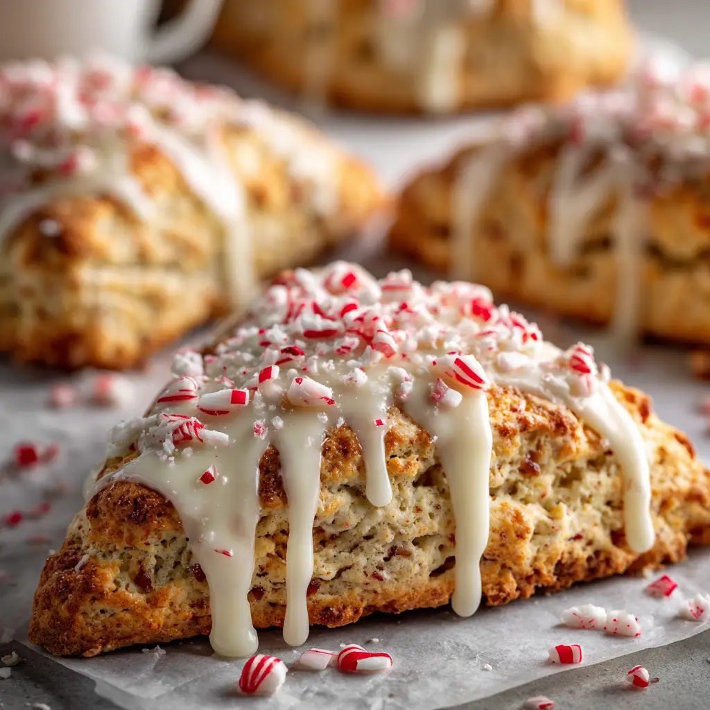 A batch of peppermint white chocolate scones cooling on a wire rack, showing their texture and shape.