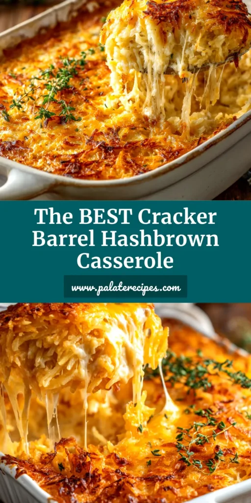 Cracker Barrel Hashbrown Casserole (The Ultimate Copycat Recipe) 5 A close-up shot of a golden-brown, cheesy Cracker Barrel hashbrown casserole in a white baking dish. A serving spoon has scooped some out, revealing the creamy interior.