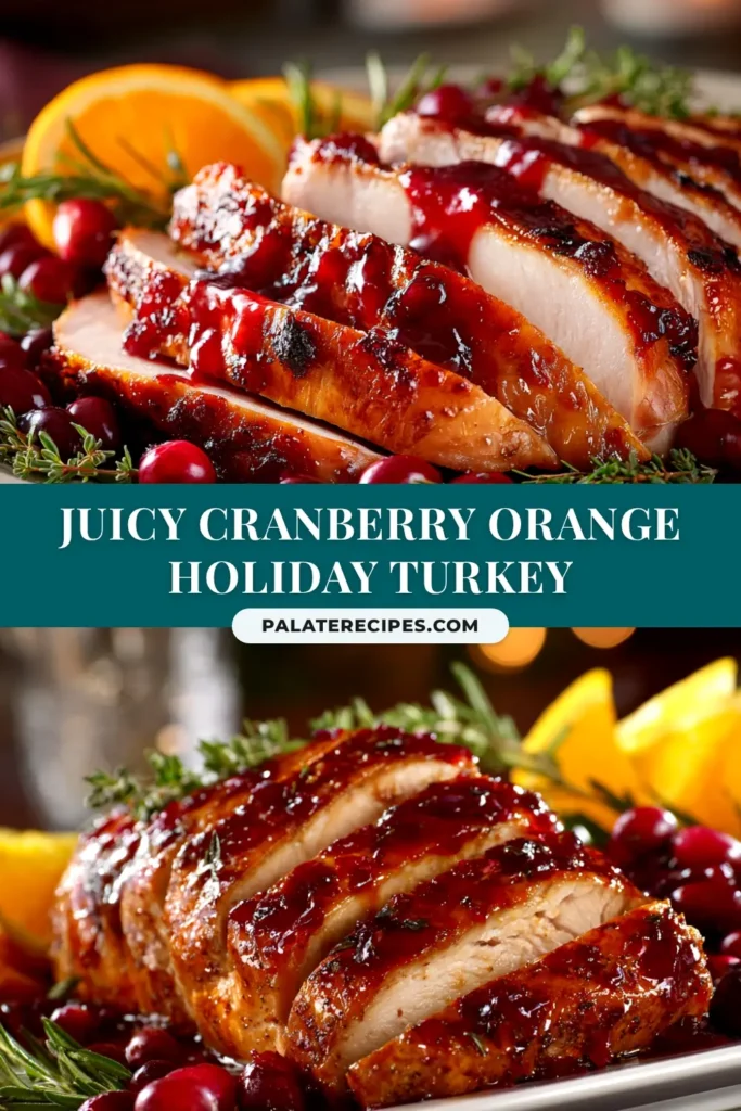 A perfectly roasted Cranberry Orange Turkey Breast sliced on a platter, revealing a juicy interior, with fresh cranberries and orange slices as garnish. The perfect holiday main course.
