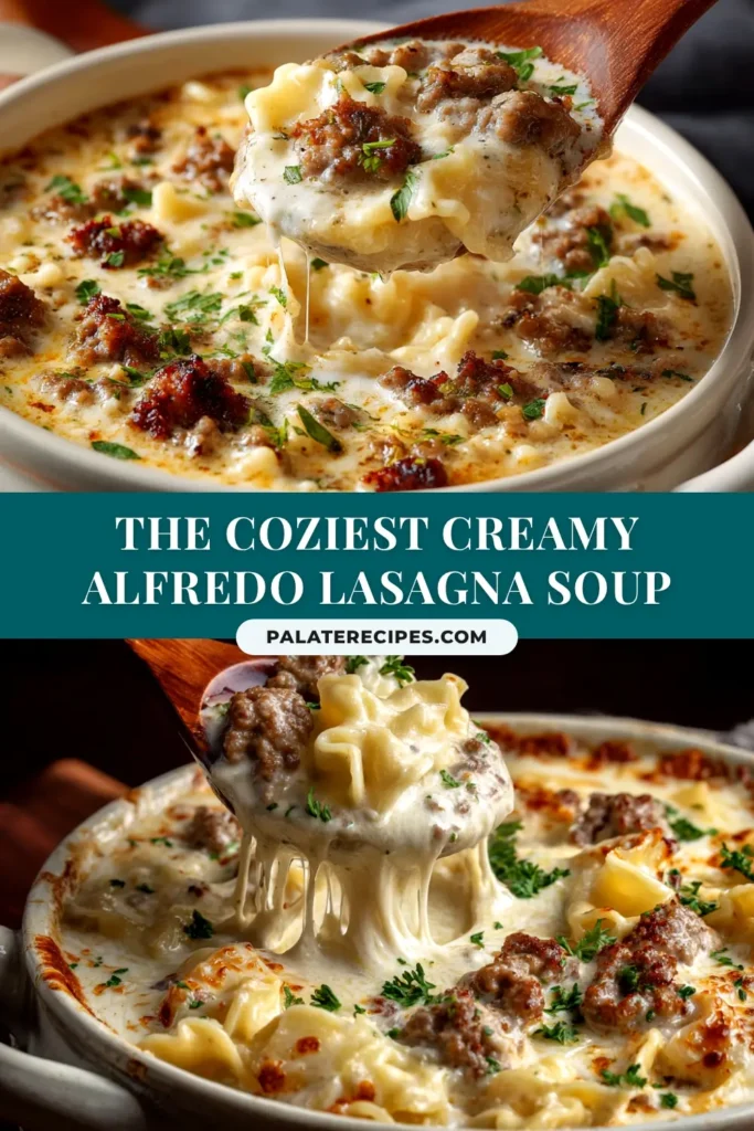 A large white bowl filled with creamy alfredo lasagna soup, topped with a dollop of ricotta and fresh parsley. A spoon is resting in the bowl.