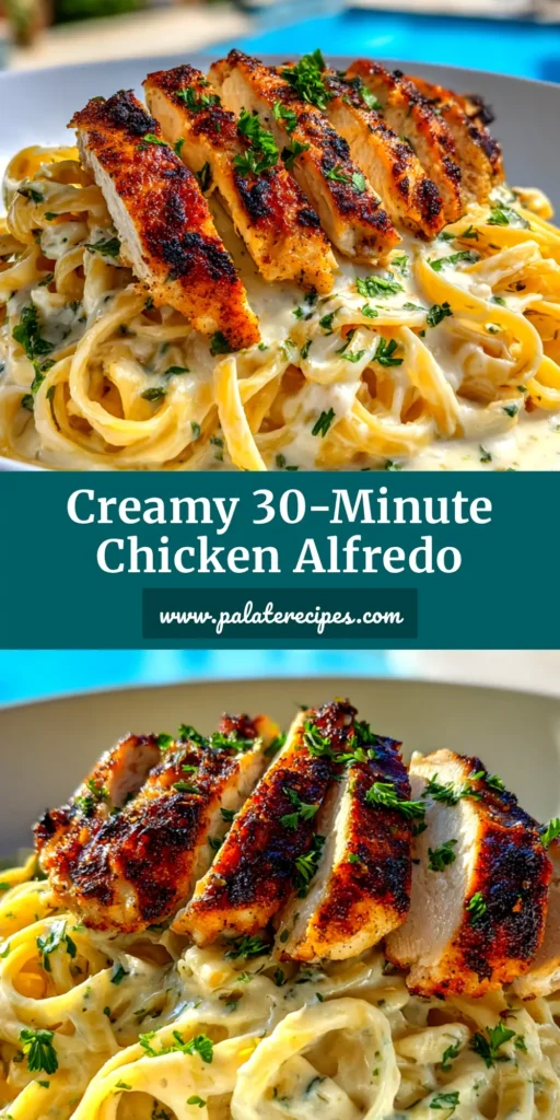 A beautiful overhead shot of a creamy chicken alfredo recipe in a white bowl, garnished with fresh parsley. The perfect pin to save for a delicious dinner idea.