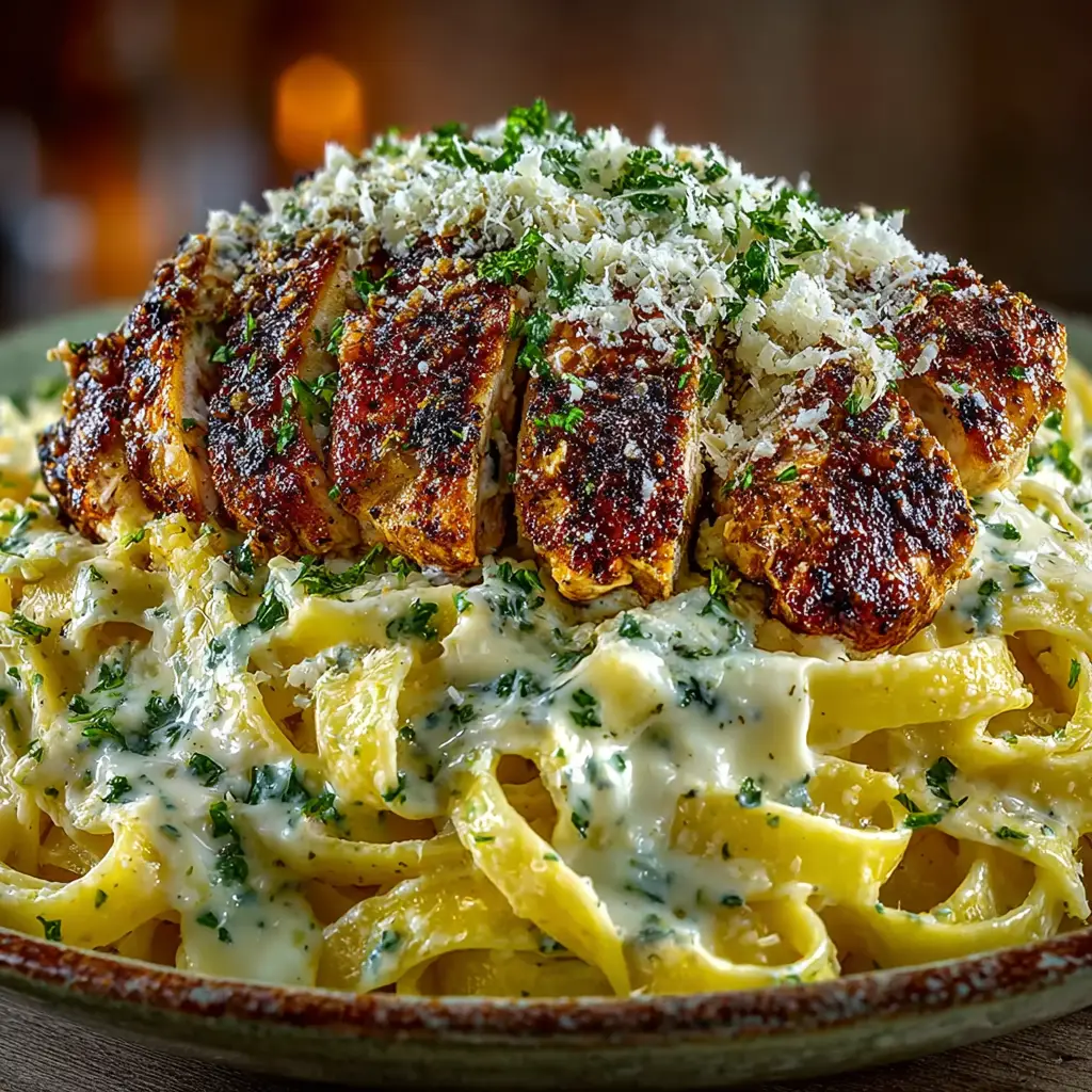 Chicken Garlic Parmesan Pasta (Easy One-Pot Recipe) 3 A close-up shot of creamy chicken pasta in a skillet, highlighting the rich garlic parmesan sauce and tender pieces of chicken.