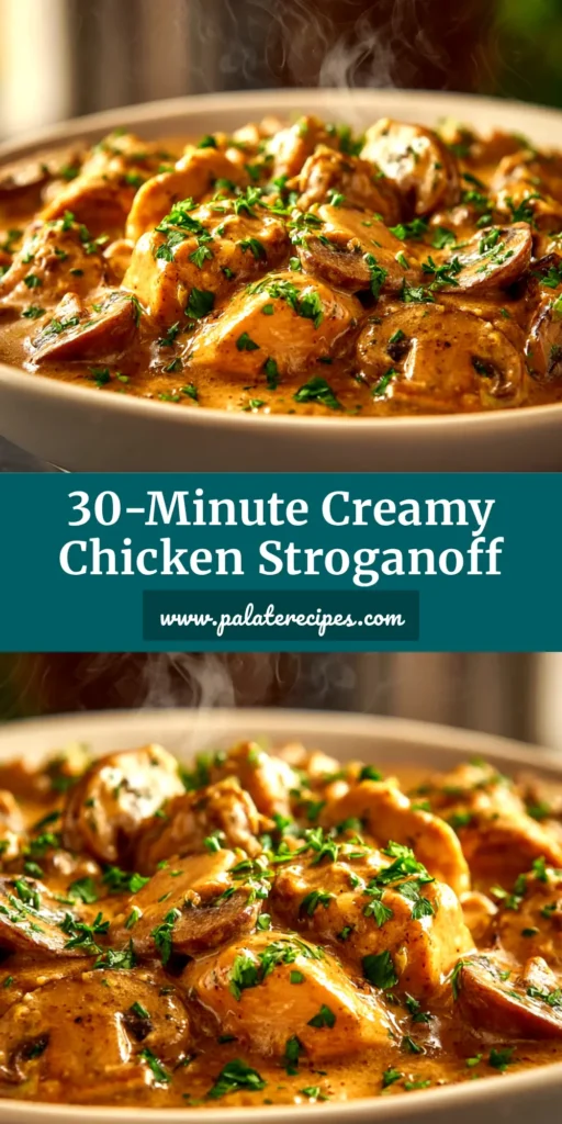 An overhead shot of creamy Chicken Mushroom Stroganoff in a skillet, served over egg noodles and garnished with fresh parsley. The perfect one-pan dinner idea.