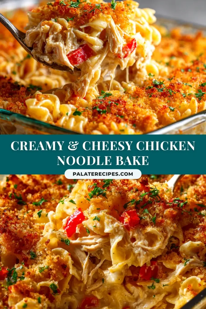 A scoop of creamy chicken noodle casserole on a white plate, showing tender chicken, noodles, and a golden cracker topping. The perfect easy family dinner.