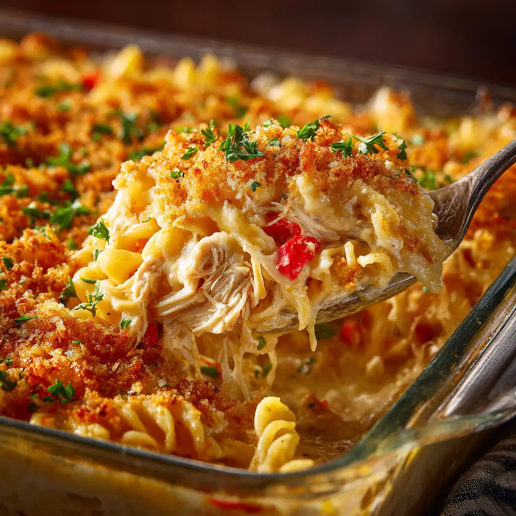A spoonful of creamy chicken noodle casserole being lifted from the dish, showcasing the rich sauce, egg noodles, and shredded chicken.