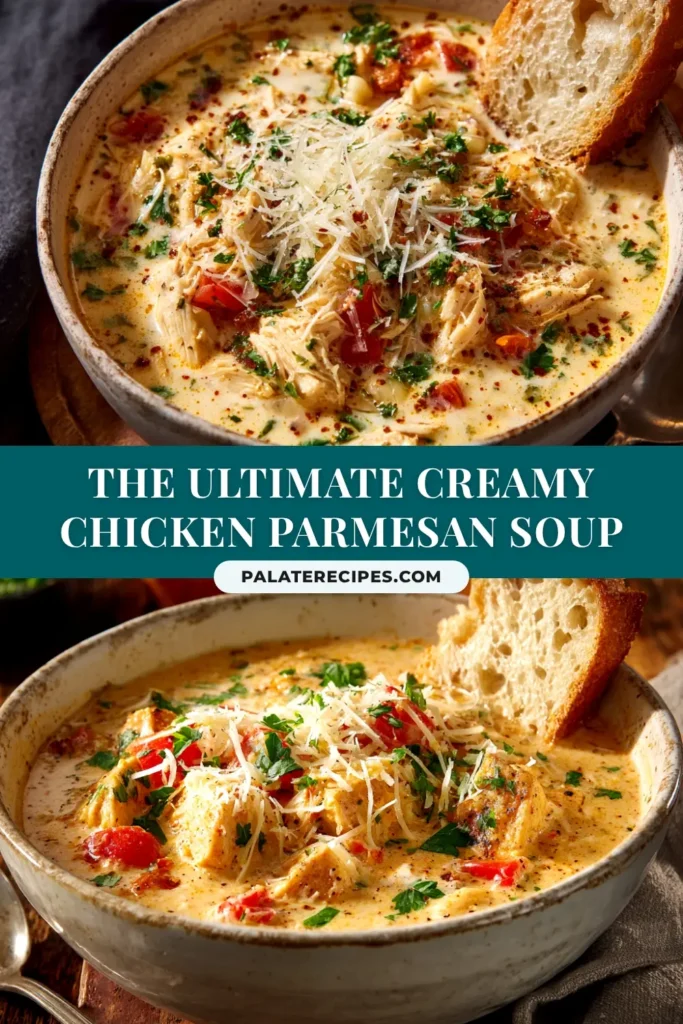 A close-up shot of a bowl of Creamy Chicken Parmesan Soup, topped with melted mozzarella and fresh basil, with a spoon ready to dig in.