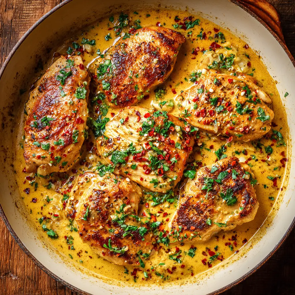 A close-up of a piece of cowboy butter chicken being lifted from the skillet, with the creamy sauce dripping off.