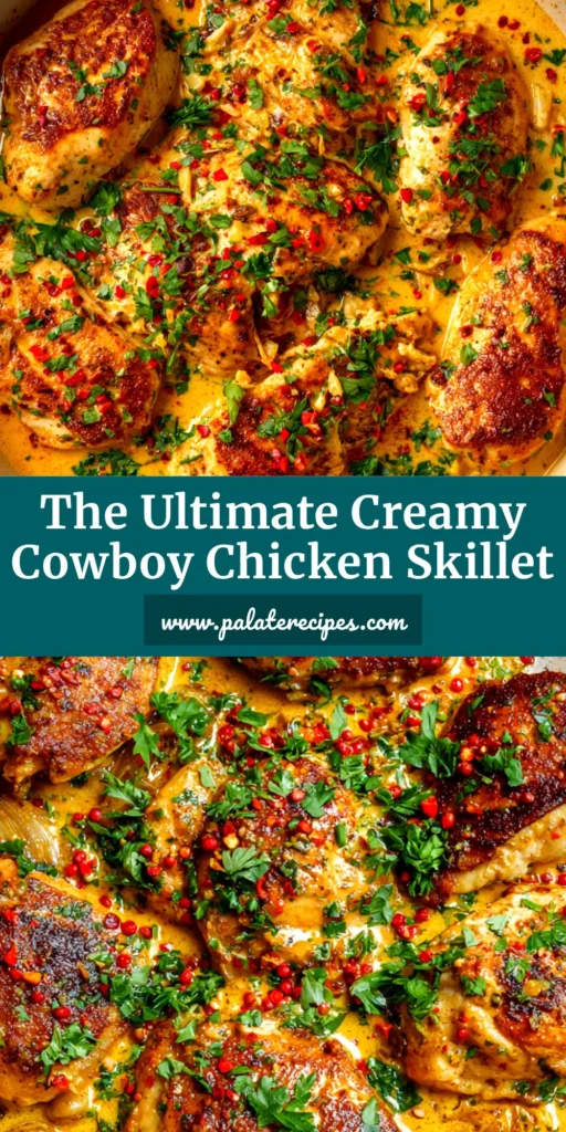 A skillet of Creamy Cowboy Butter Chicken, showing golden chicken breasts in a rich, herb-flecked cream sauce, ready to be served.